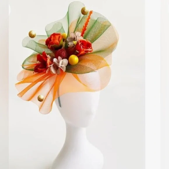 Elegant Orange Floral Fascinator Kentucky Derby Hat Church  display picture 3